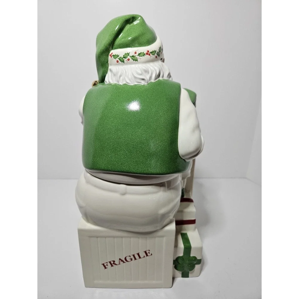 Lenox Santa Workbench Cookie Jar Ceramic Christmas Toy Shop Elf Figurine Gold